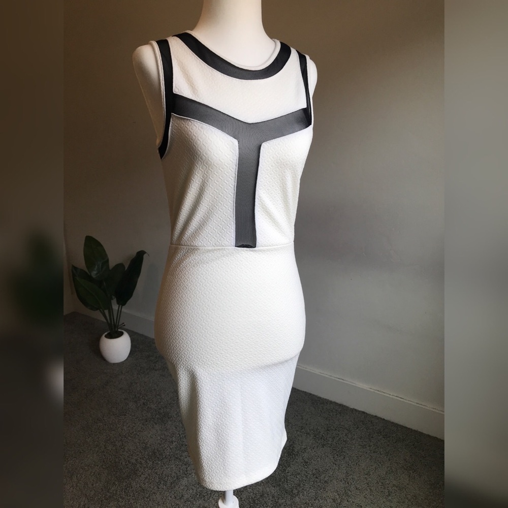 White Bodycon Dress with Black Mesh Details
